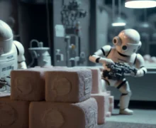 Cute tiny little robots are working in a futuristic soap factory