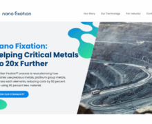 Homepage of Nano Fixation’s website, featuring a headline about extending the use of critical metals, a curved mining road image, and a call-to-action button that reads “Join Our Community.”