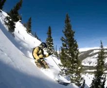 A skier in a yellow jacket and helmet navigating a steep, snowy slope lined with evergreen trees, with snow-covered mountains and a clear blue sky in the background.