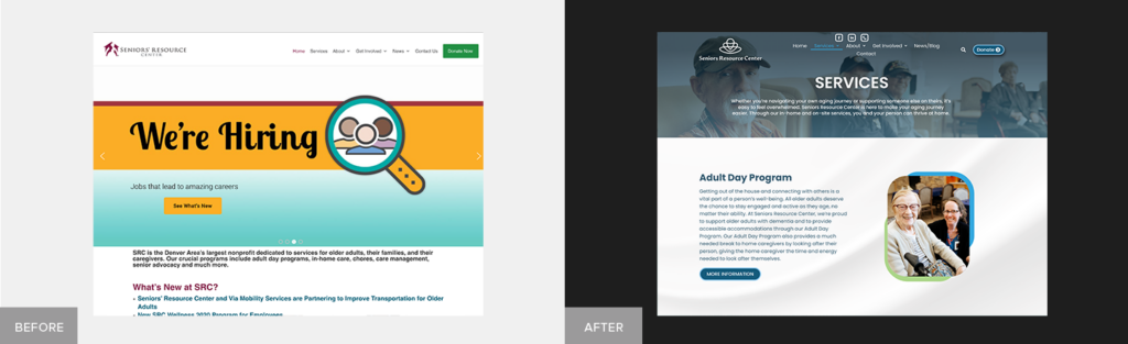 WordPress design and development before/after graphic for Colorado nonprofit Seniors Resource Center