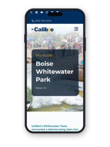 Boise Whitewater Park portfolio page on the Calibre Engineering website, shown on a phone