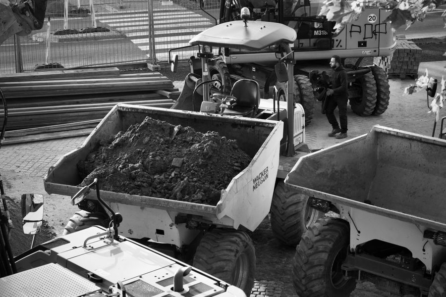 Construction equipment at a job site.